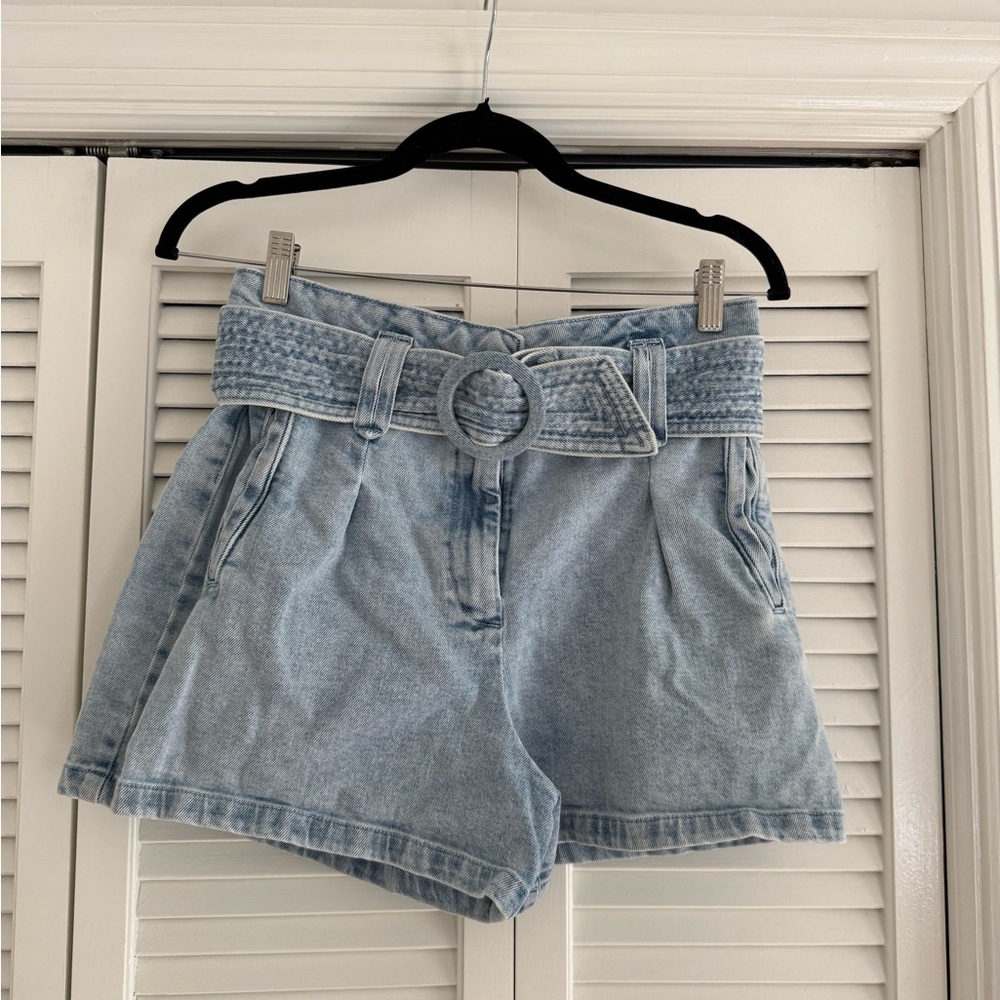 Sezane Belted Light Blue Denim Shorts